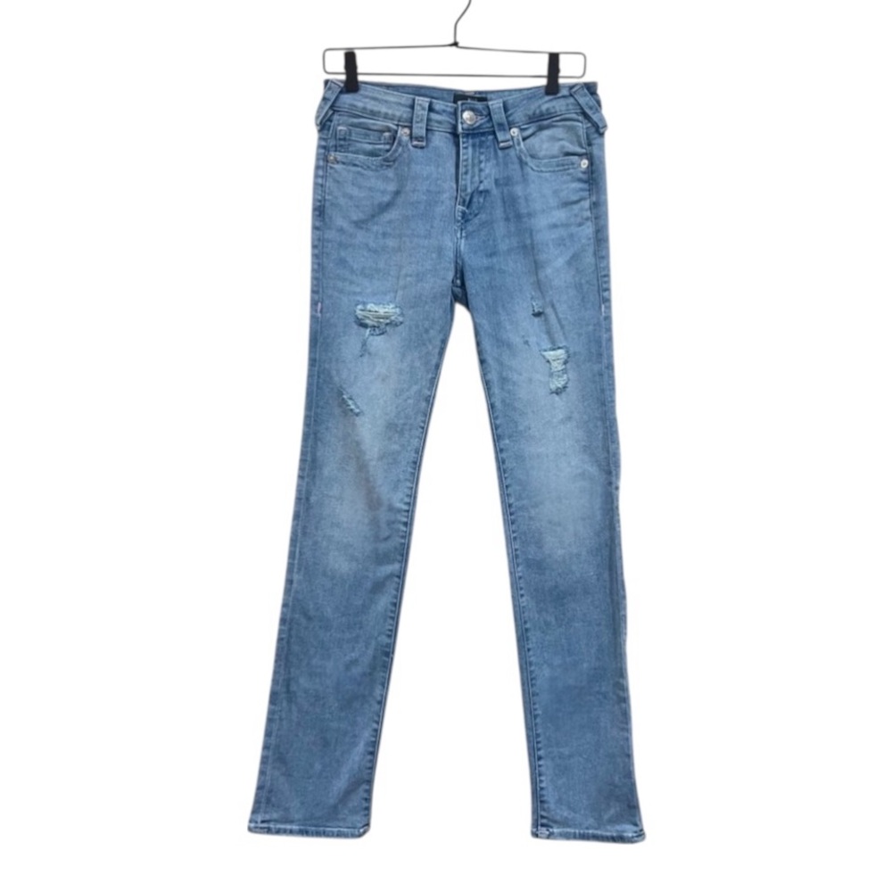 True Religion Billie Mid Rise Straight Leg Light Wash Distressed Jeans Size 28